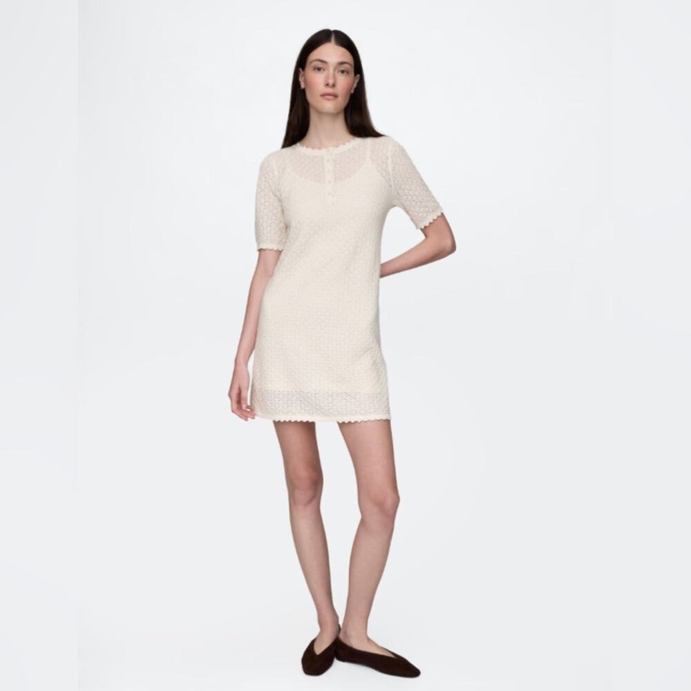 Gap NEW linen blend pointelle ivory frost knit short sleeve dress S cottagecore